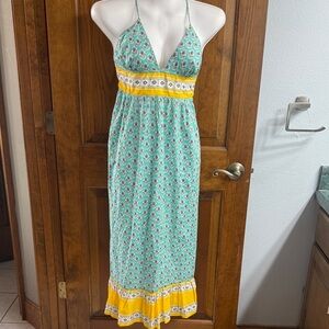 J. Crew Mint Green Printed Maxi Dress with Yellow Trim